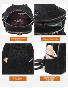 Detail view of leopard print backpack showing interior zip pocket and large front compartment