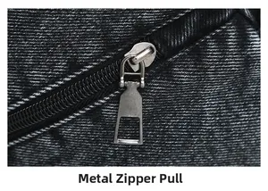 Detail of a high-quality metal zipper on a washed denim crossbody shoulder bag