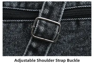Macro detail of adjustable silver metal buckle on washed denim crossbody bag strap