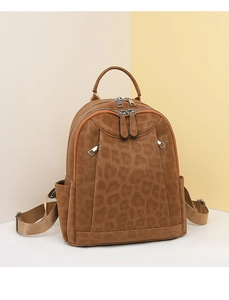 Detail of leopard print backpack with double zippers and adjustable fabric straps