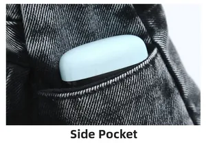 Close-up of side pocket on washed denim crossbody bag showing storage capacity