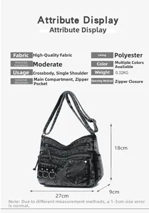 Detail of grey washed denim crossbody bag featuring multi-layer zipper pockets and metal rings