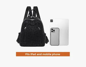 Detailed view of leopard print backpack with iPad and phone for size comparison