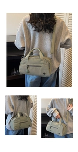 Detail of light green canvas crossbody bag showing adjustable straps and side brand label