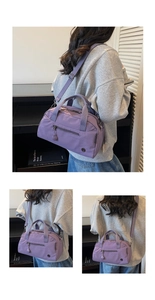 Three-way back view showing a purple nylon crossbody bag with adjustable shoulder strap