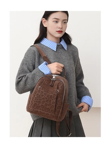 Detailed view of the brown leopard print backpack with high-quality dual metal zippers