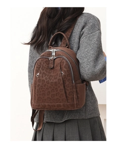 Detailed back view of a stylish leopard print backpack on a model in knit sweater