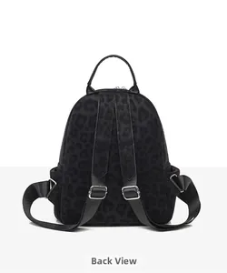 Back view of leopard print backpack with adjustable straps and silver metal hardware