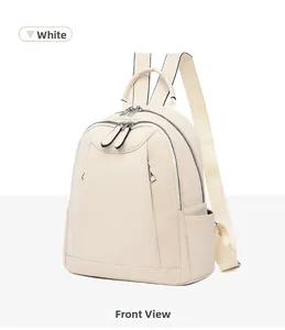 Front view of a minimalist white leopard print backpack with large zipper pocket
