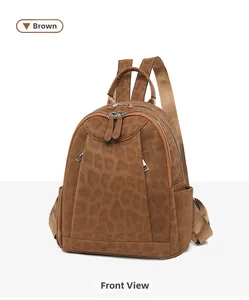 Front view of a brown leopard print backpack for women featuring a casual retro aesthetic