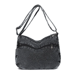Vintage washed denim crossbody bag for women with multiple pockets and adjustable strap