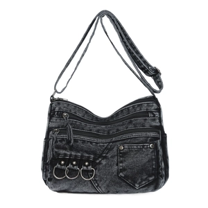 Washed denim crossbody bag with multiple zip pockets and adjustable strap in dark grey