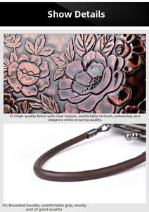Detalle macro del cuero con relieve floral retro y mango redondo robusto de un bolso