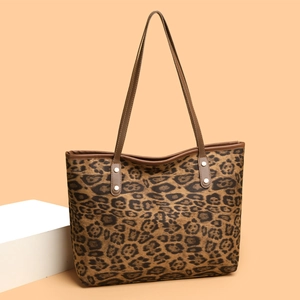 Classic leopard print tote bag with brown leather straps and large capacity for women