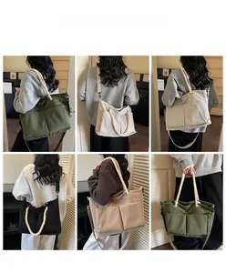 Corduroy tote bag details showing braided rope handles and multiple color options