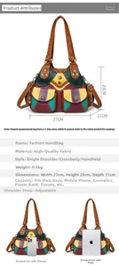 Detailed size chart and internal capacity view of contrast color crossbody handbag