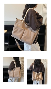 Khaki corduroy tote with dual front pockets and thick rope handles for daily use