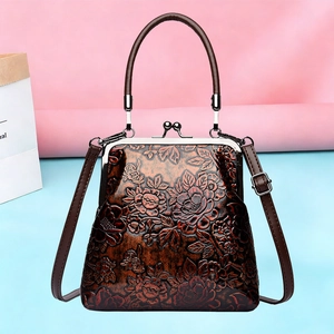 Bolso de Mano Vintage de Cuero PU con Relieve Floral Mujer Cierre de Boquilla Bolso de Médico con Asa Correa de Hombro