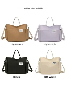 Detailed grid view of nylon tote bags in four colors with dual handles and straps