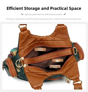 Detail view of leather handbag interior showing layered pockets and zipper compartments