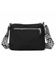 Detailed back view of black suede shoulder bag with a silver zipper pocket and woven strap
