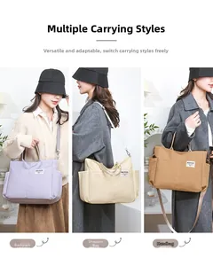Nylon multi-pocket tote bag shown in purple, beige, and khaki on models