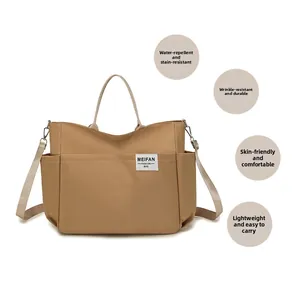 Close-up of khaki nylon tote bag showing water-resistant texture and multi-pocket details