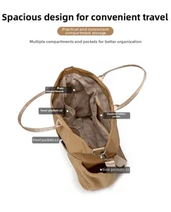 Top view showing the spacious interior layout and multi-pocket design of the khaki nylon tote bag