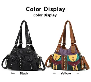 Detail view of large soft leather tote bags in solid black and colorful patchwork designs
