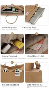 Detailed view of khaki nylon bag interior pockets and 15.6-inch laptop compartment
