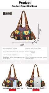 Detailed view of color-block tote bag dimensions 28x23x10cm with PU leather texture