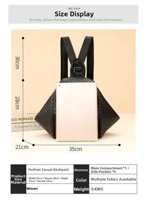 Size guide for woven backpack showing dimensions 35x28x21cm and 30cm handle height