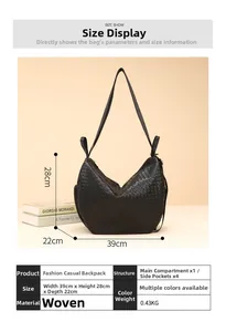 Detailed size specifications for woven shoulder bag showing 39cm width and 28cm height