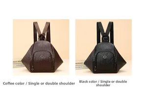 Detail of woven PU leather backpacks in black and coffee with dual strap design
