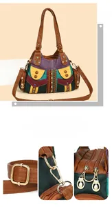 Detailed close-up of decorative rivets and vintage hardware on the patchwork tote bag