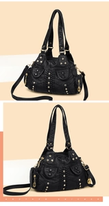 Detail view of black vintage punk tote bag with studs, rhinestones and leather weaving