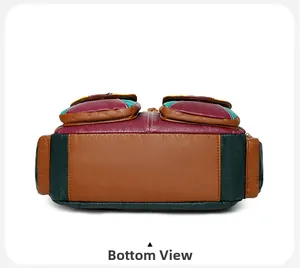 Detailed bottom view of multi-color patchwork leather bag with fine white stitching
