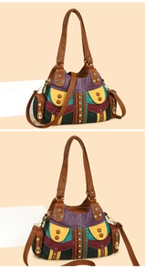 Detail of vintage bohemian tote featuring multi-color leather patchwork and metal rivets