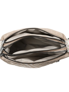 Close-up of triple zipper compartments in beige nylon crossbody bag with herringbone lining