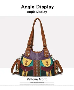 Front view of a patchwork tote bag with colorful PU leather and rhinestone details