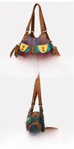 Detail view of colorful patchwork leather tote bag with rivets and woven texture