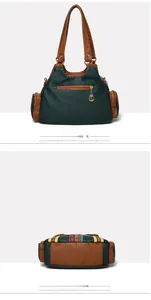 Detailed view of dark green and yellow PU leather tote bag back and bottom features