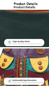 Detailed view of bohemian patchwork leather with rivets and colorful woven accents