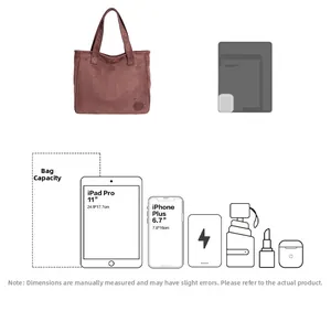Detailed capacity guide for large tote bag showing space for iPad Pro and iPhone