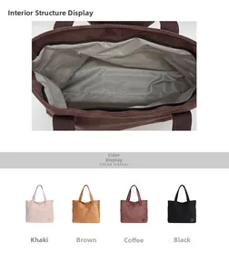 Detail of the internal zipper pocket and four earth-tone colors of the corduroy tote bag