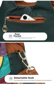 Detail view of colorful patchwork leather tote showing rear zipper pocket and metal hook