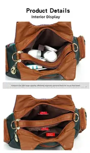 Detail view of large multi-compartment leather tote bag with functional zipper pockets