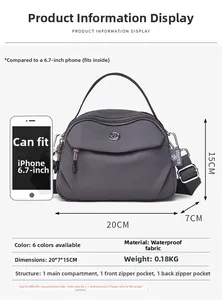 Détail du sac bandoulière en nylon imperméable avec dimensions 20x7x15cm et multi-poches