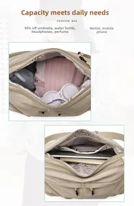 Detail showing high-capacity khaki nylon bag with multiple compartments and inner lining