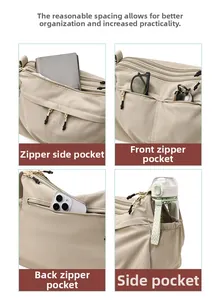 Detail view of khaki nylon crossbody bag with multi-pocket storage for daily essentials